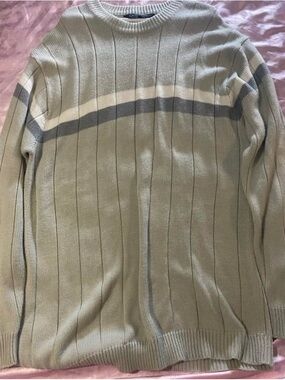 Men's Crewneck Ribbed Sweater in Light Gray with Chest Stripes